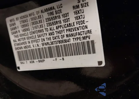 2007 Honda Odyssey Ex-L из США, поврежденный, VIN 5FNRL38737B065647